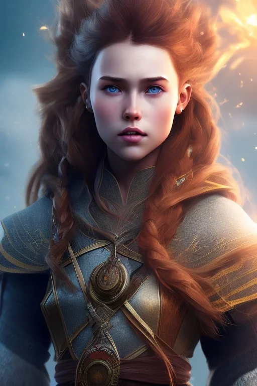 aloy forbidden west face, aloy clothes, portrait busty and face, light effects, particles, explosion fire,