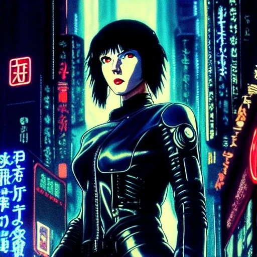 fullbody portrait in oil on canvas ,beautiful biker female robot, ominous, intense stare, sad eyes, post-apocalyptic in a cyberpunk city, ghost in the shell, Akira, BladeRunner movie poster, masterpiece, realistic, intricate detail, sci-fi fantasy style, volumetric lighting, particles, highly detailed ,cinamatic , deep colours,8k, by Caravaggio