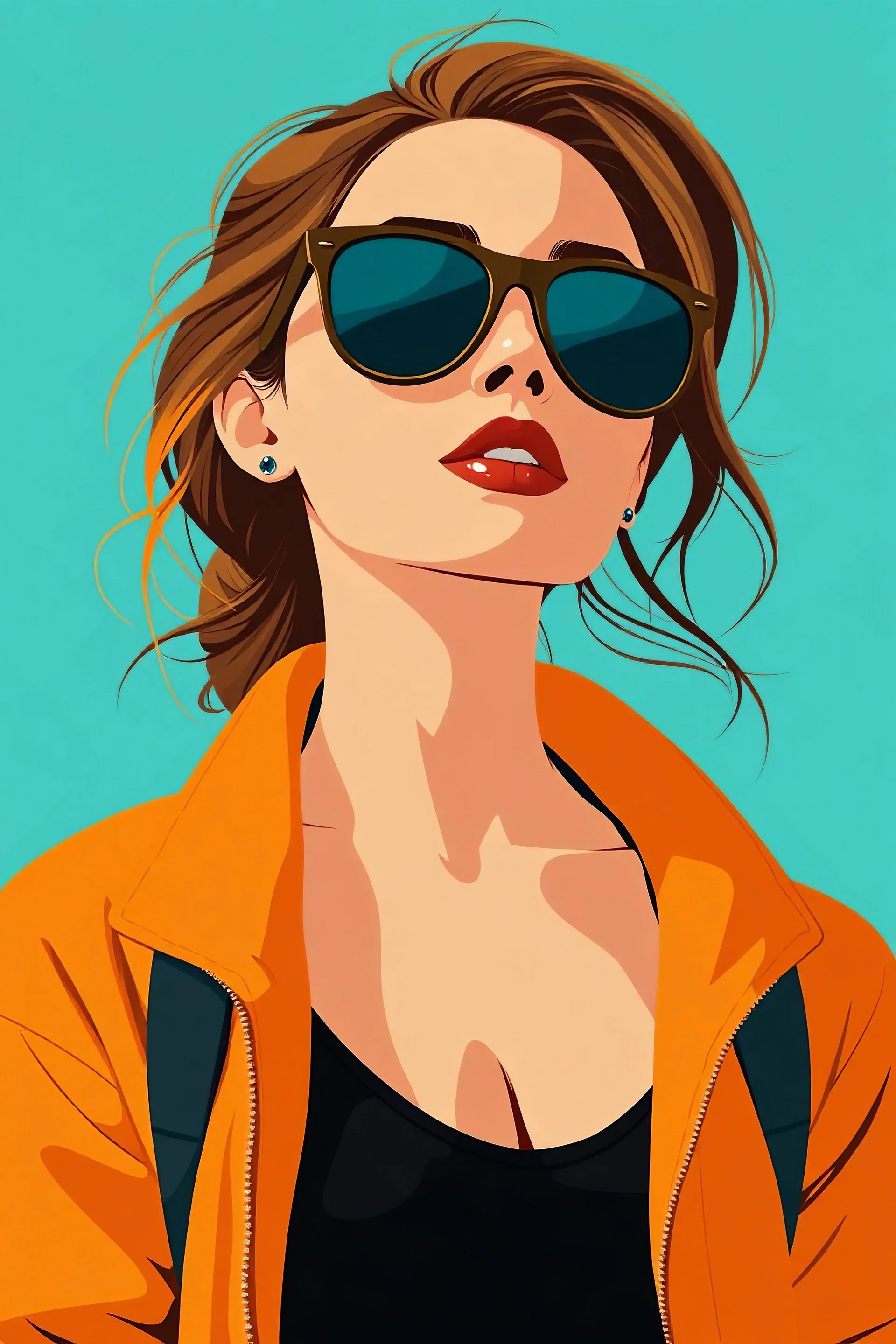 an illustration of a woman wearing sunglasses and an orange jacket, in the style of light sky-blue and dark black, bold colorism, dark cyan and beige, beach portraits, exotic, disney animation, princesscore --ar 8:11 --style raw --stylize 250 --niji 6