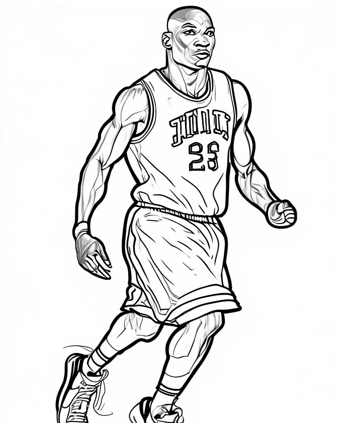 Michael Jordan, b&w line art style fashion, preppy style, simple line art, one line, line art, line drawing style, white background, picture, coloring book style on white background, well composed, clean coloring book page, No dither, no gradient, strong outline, No fill, No solids, vector illustration, –ar 9:11 –v 5