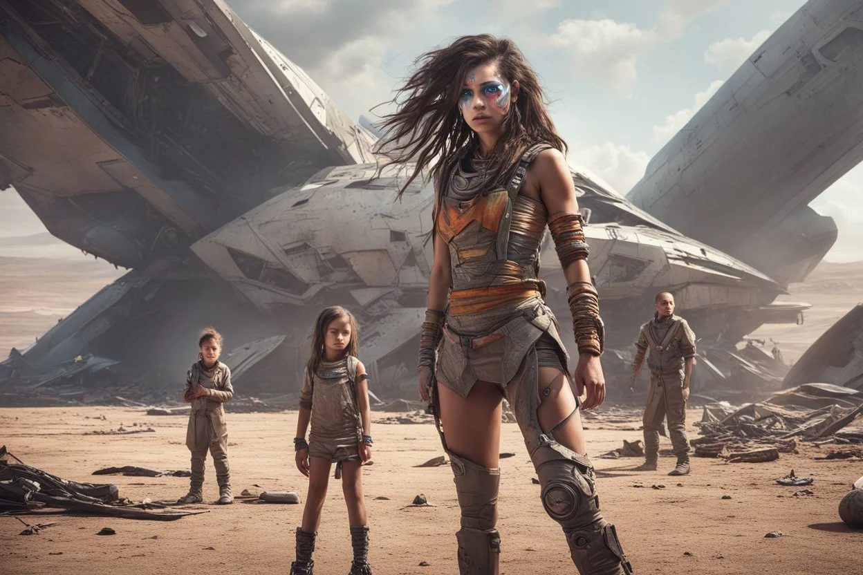 Beautiful girl with rainbow eyes, tribal warrior, strong, sad, resilient, defiant, full body, with family of 5 beside her, defending, Masterpiece, best quality, cinematic lighting, futuristic, standing in front of crashed spaceship, tough stance.