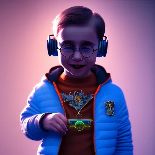 Harry Potter toddler, smile, cyberpunk headphone, sunglass, gangsta neckless, full body, orange puffer jacket, tokio background, dramatic lighting, hyper realistic, unreal engine 5, 16k