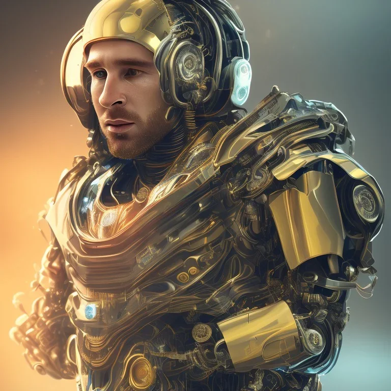 portrait face lionel messi, robot, golden, argentina flag intricate, sci-fi, cyberpunk, future,