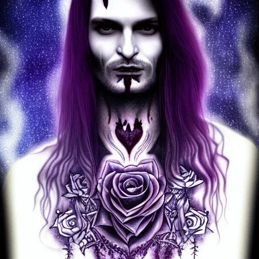 perfect long-haired male Vampire, perfect eyes, full tattoos of flower art and trees extending past face and morphing into galaxy, 8k resolution, high-quality, fine-detail, intricate, digital art, volumetric lighting roses muse.