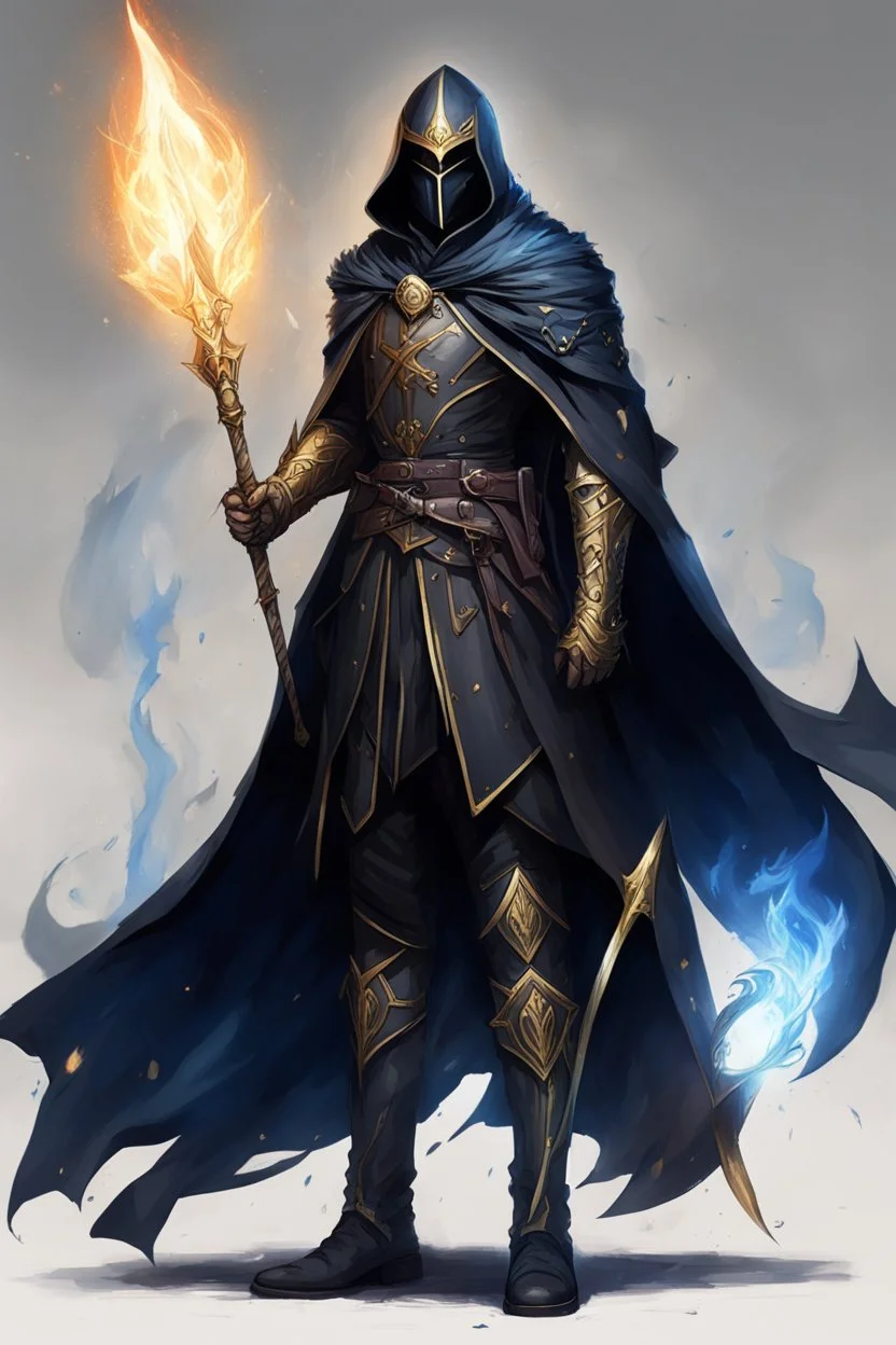 A commander with a black cloak and a long coat with long combat boots and a long spear with his Helmet is golden under his cloak like assasins With a magical power in his hand and a white anklet and boots With blue flame eyes