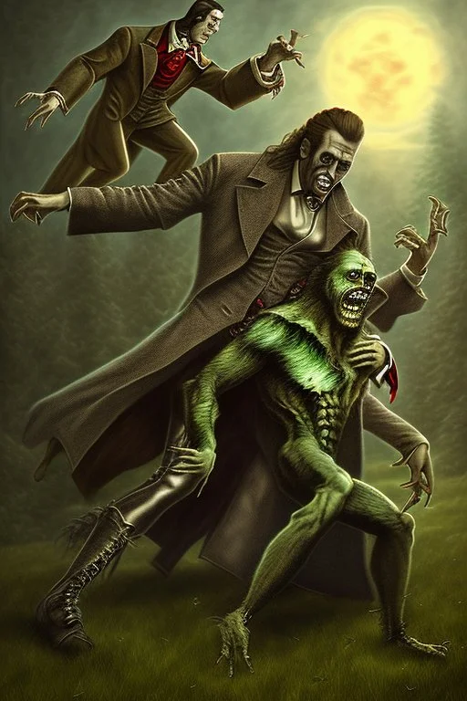 Frankenstein monster and the wolfman fighting each other as Dracula stands by and watches