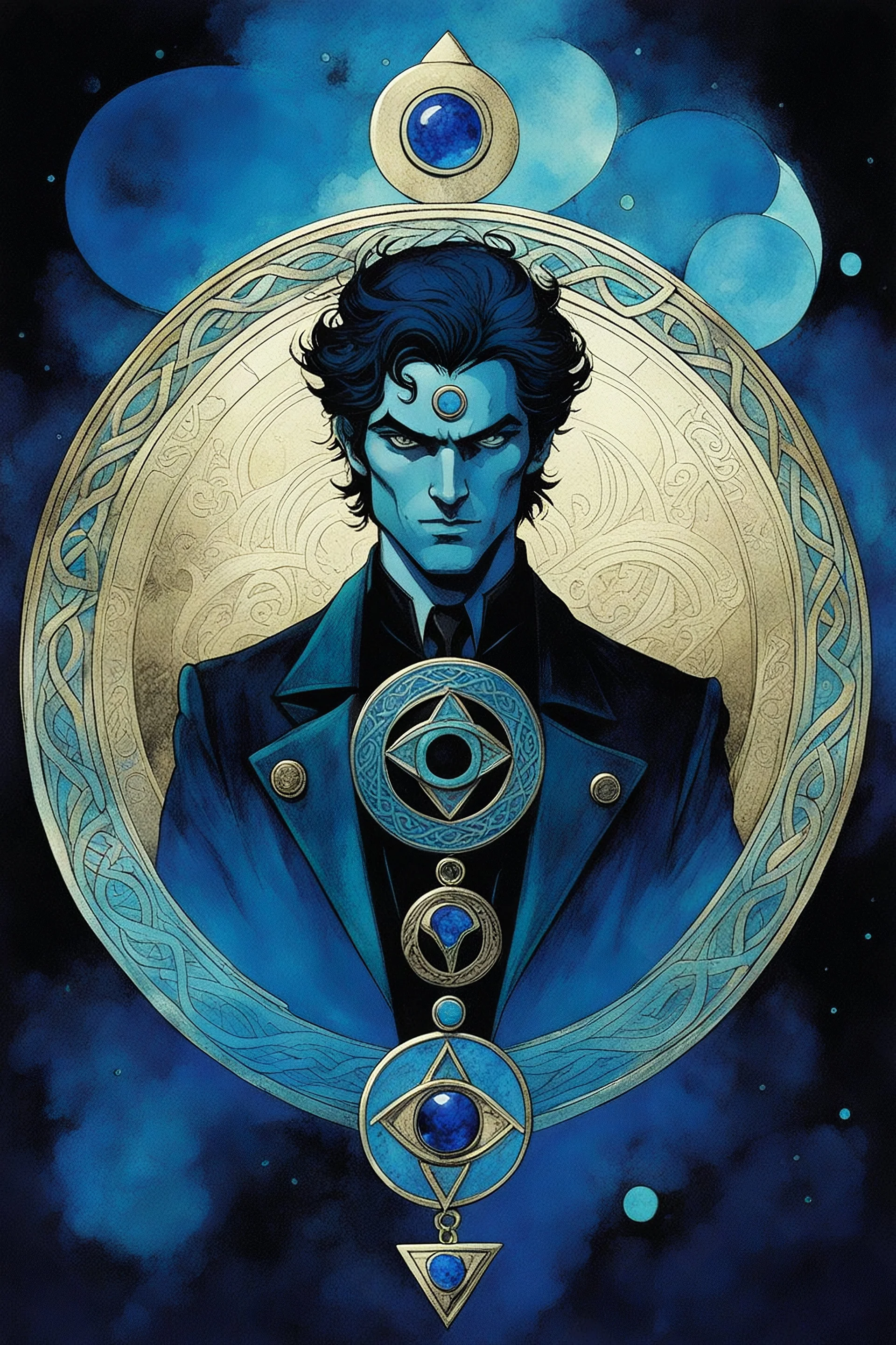 the symbol of an ancient Celtic male vampire coven , in the form of highly detailed triskele worked in lapis lazuli, aquamarine, and jade, with the all seeing eye at its center lapel pin, in the graphic novel style of Bill Sienkiewicz, Jean Giraud Moebius, and Enki Bilal