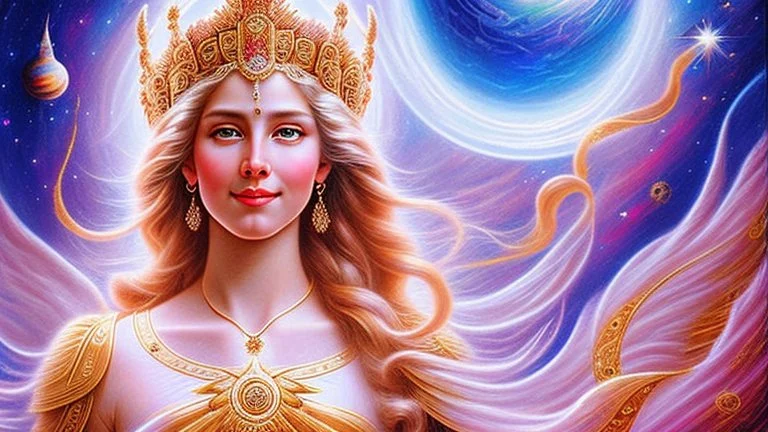 Create an image of a full body cosmic goddess with a smiling and beautiful face. the goddess should be depicted as a beautiful and powerful figure, surrounded by cosmic stars. her hair should be long, blond and flowing, and she should be dressed in a flowing gown blue celestial robe. in the background, include imagery of pink flowers, blue sky, trees. the image should evoke a sense of joy, celebration, and spiritual connection to nature.