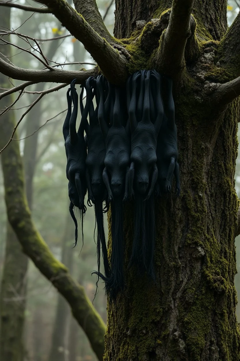A group of black dark creatures hanging upside down from a tree without leaves . The tree skin is covered in moss and lichen, allowing it to blend seamlessly into its surroundings. Dark cave Spirits feed on the energy of trees and can create thick fog to confuse their victims.