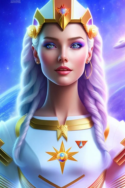 cosmic young woman admiral from the future, one fine whole face, large cosmic forehead, crystalline skin, expressive blue eyes, blue hair, smiling lips, very nice smile, costume pleiadian, rainbow ufo