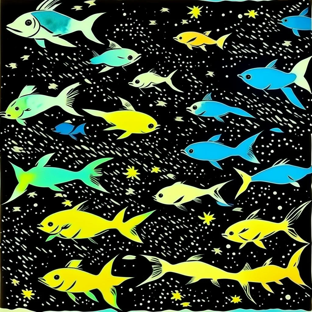 Fish under star filled night sky painted by Andy Warhol