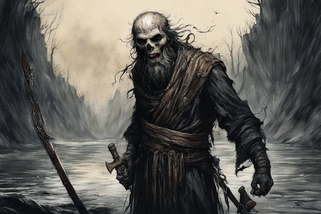 highly detailed character concept illustration of Charon, the ferryman of the dead, maximalist, sharp focus, highest resolution, in the styles of Denis Forkas , Masahiro Ito, boldly inked, 8k, coarse, gritty textures