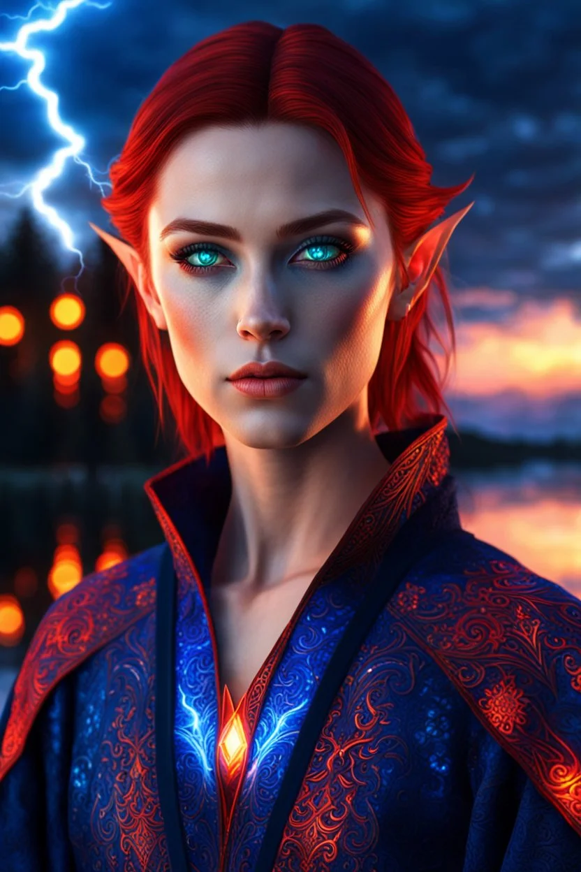 detailed blue eyes, female russian half elf, red sleek short lob hairstyle, detailed glowing ornamental magical pattern robe, glowing gem crackling with lightning implanted on robe, 8k, high detail, lake background, midnight, facing viewer, front facing