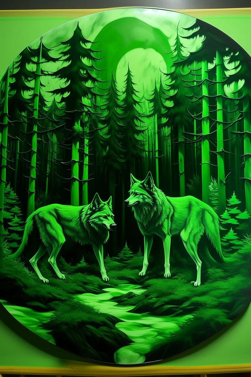 A green viny forest with wolves painted by Xul Solar