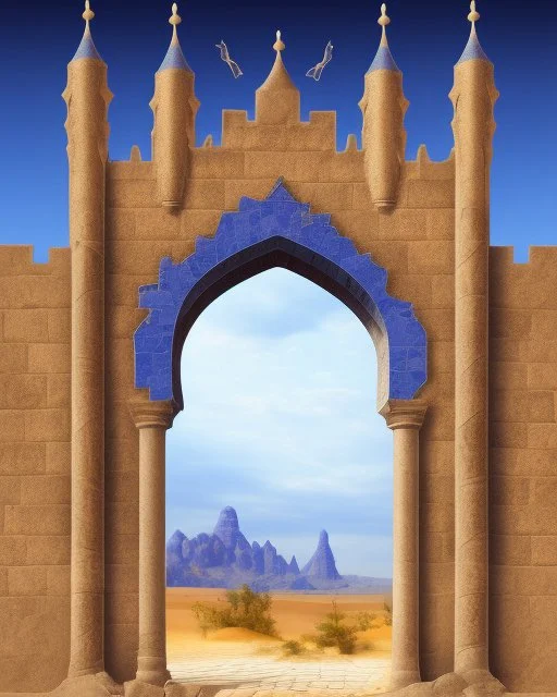 A gothic_arab gate in a blue tiled wall with a view of a desert landscape