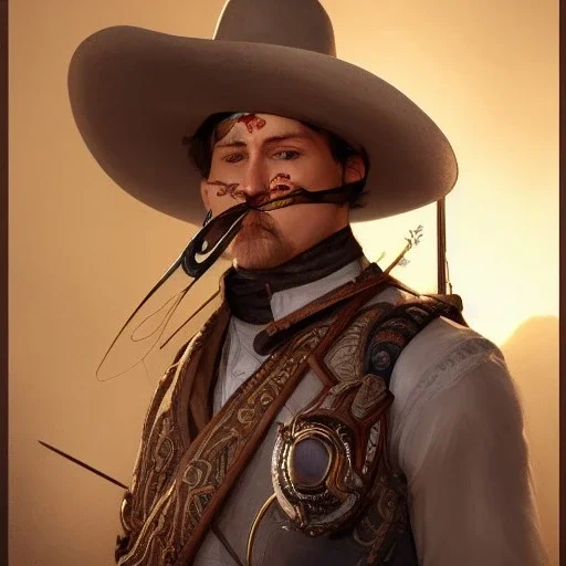 portrait,"Insanely detailed photograph of a eye patch male western mustachioed crossbowman", detailed charro and Sombrero, digital painting, cigar, artstation, concept art, sharp focus, illustration, art by artgerm and greg rutkowski and alphonse mucha, 8 k,fantasy, unreal engine