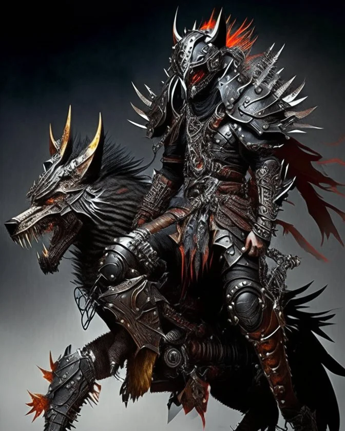 Warrior warrior with leather and metal clothes A combination of a dragon and a wolf and a commander riding on it Warrior warrior with leather and metal clothes and robotic metal