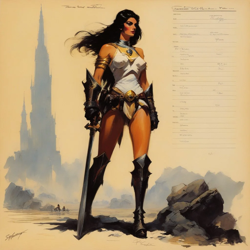 ConceptSheet: woman paladin and her espadon with statistics [by frank frazetta]