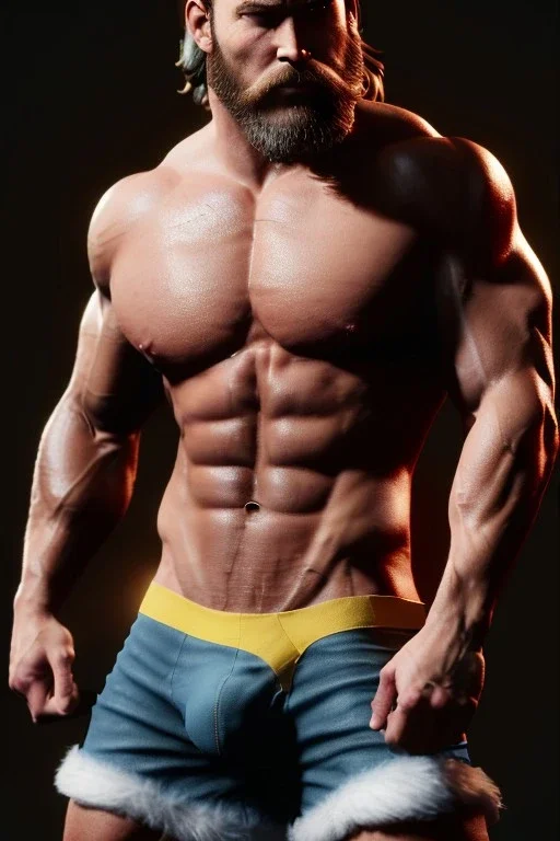 Ignore NSFW, teenager young rugged attractive slightly muscular fantastic handsome man, red briefs with yellow belt, hairy chest, (((visibly pisssing))) briefs, large erect visible boner peniss, photorealistic, artist Jay Anacleto, soft lighting, scruffy beard