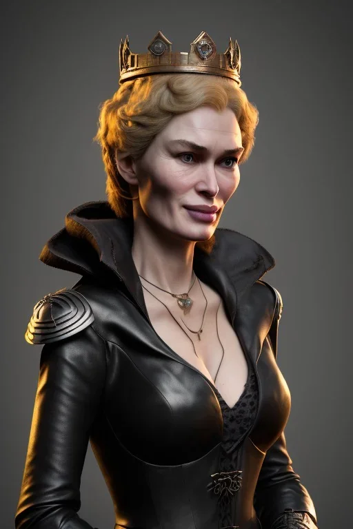 Cersei Lannister as evil queen in black leather coat, busty, cleavage, voluptuous, lena headay, angry, stern look. character design by cory loftis, fenghua zhong, ryohei hase, ismail inceoglu and ruan jia. unreal engine 5, artistic lighting, highly detailed, photorealistic, fantasy