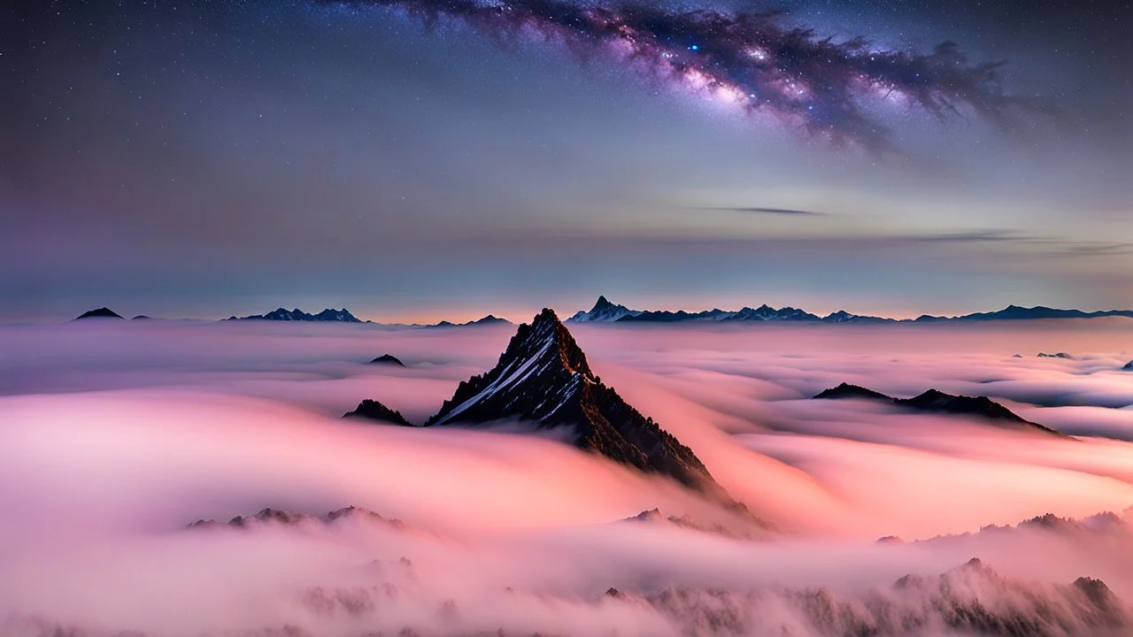 A surreal night-time scene featuring a sharp mountain peak rising through a thick layer of fog. Only one single peak is visible, The mountain's dark, jagged silhouette contrasts against the soft, pastel hues of the fog illuminated by moonlight. Above, the night sky is adorned with countless stars and a segment of the Milky Way, adding a sense of wonder and vastness to the scene. The overall atmosphere is mystical and serene, capturing the beauty of nature in a high-resolution, panoramic view