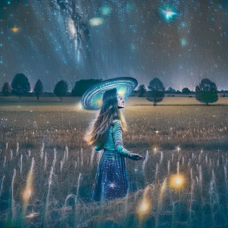 a young woman in field at night with lots of stars, looking at a UFO photo style