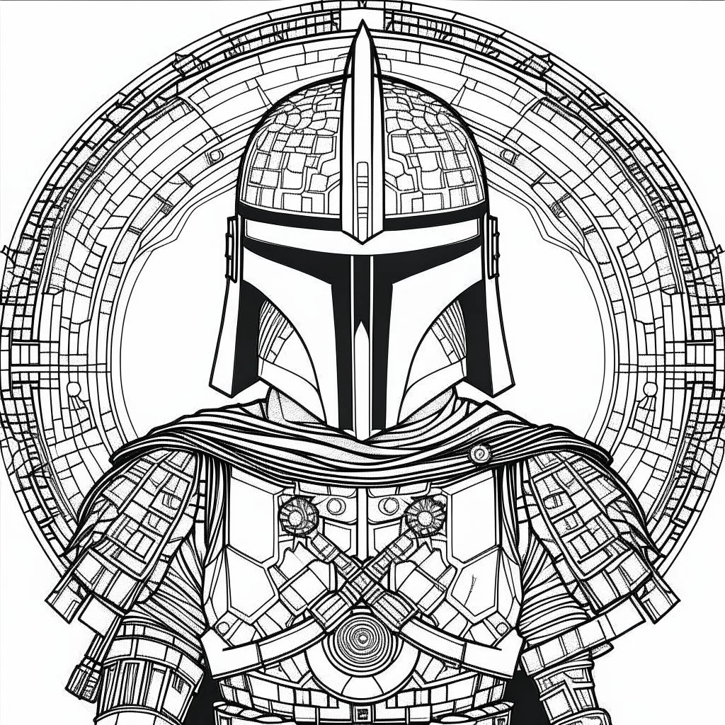 line work, coloring book, boba fett, mandala, black and white, thick lines, vector file