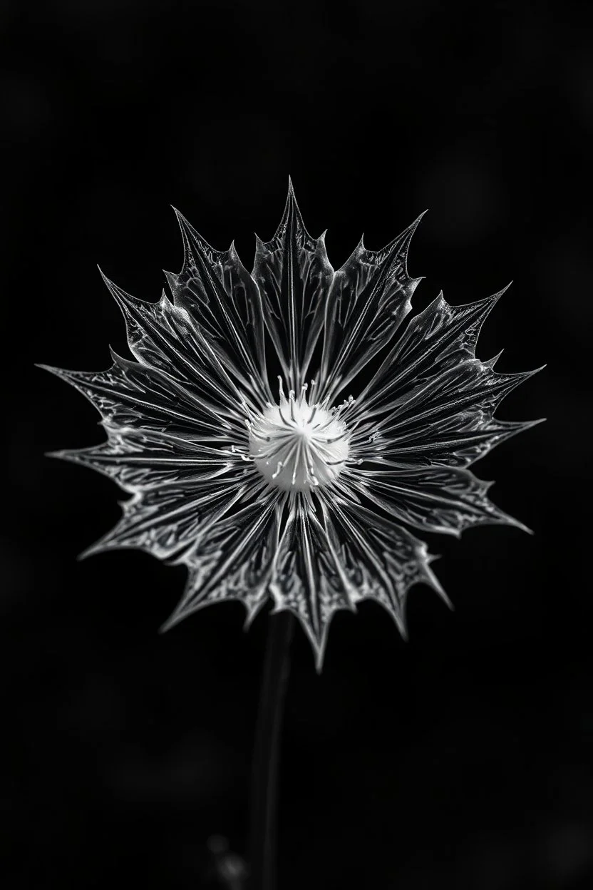 Realistic x-ray weed flower, tilt art bokeh, dark shadowy scene. flower of fun , sharp jagged petals surround the center. metaphorical, fantasy artwith intricate details, texturized effect, black and white, inspired by Hugh Turvey, Bert Myers and flower photography, enhanced with dramatic lighting