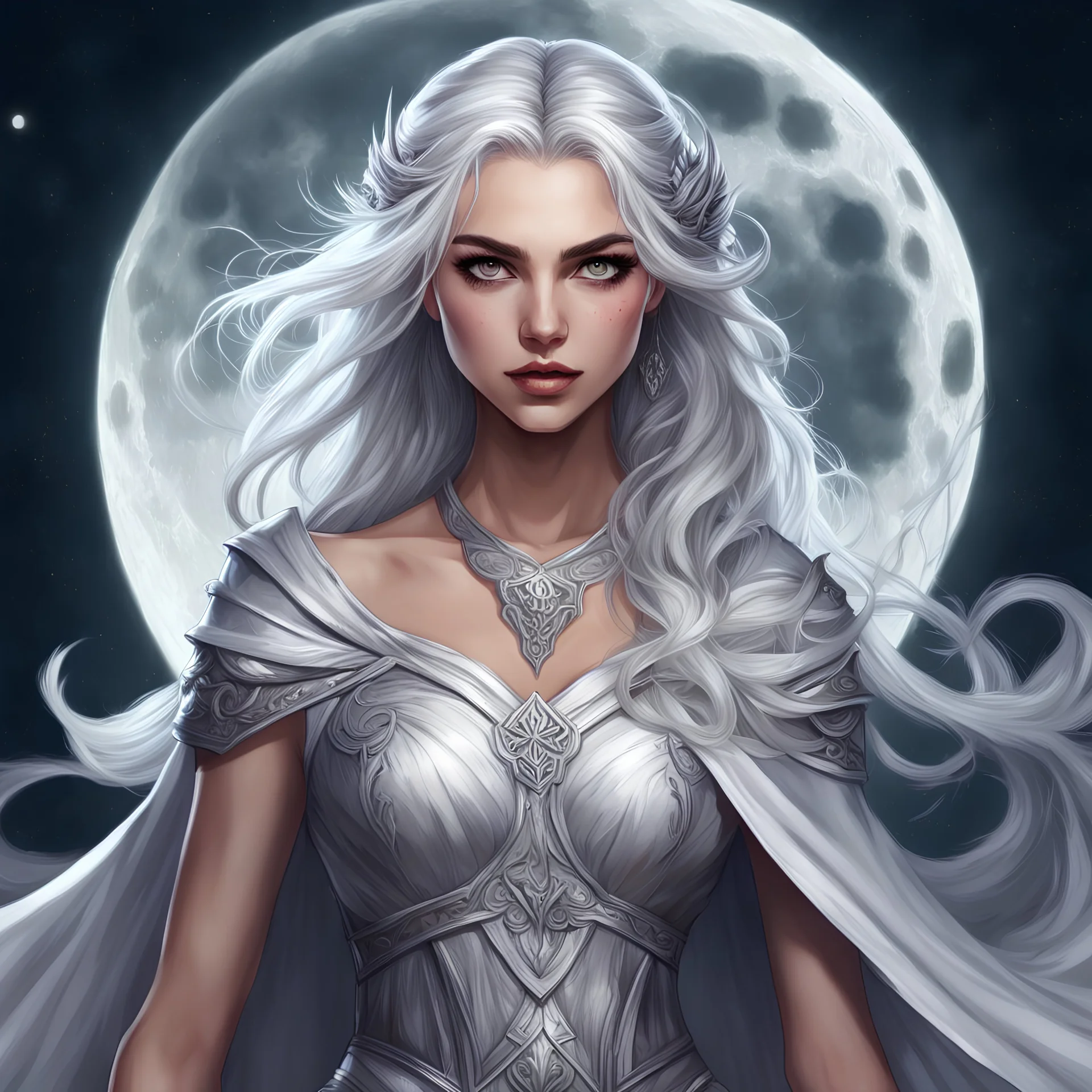 dungeons & dragons; portrait; digital art; teenager; female; cute; silver hair; silver eyes; greek dress; flowing dress; long veil; moonlight; moon goddess; fury