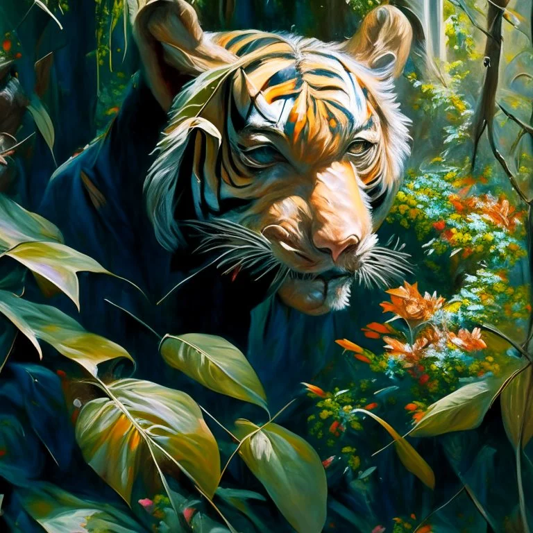 close up of an almost invisible Tiger HIDDEN behind amongst jungle leaves, oil on canvas in the style of Daniel Gerhartz