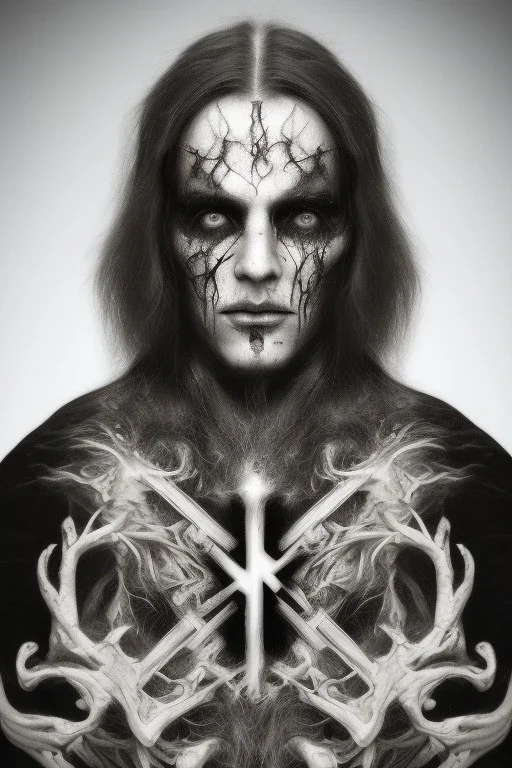 Symmetric portrait of a man with black metal facepaint, with long white hair, with a gothic cross on his chest, with bloody eyes