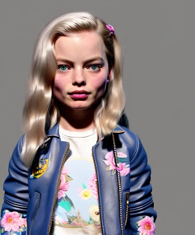 Margot Robbie toddler, full body, sneaker, leather jacket, floral shirt, soft skin, dramatic lighting, hyper realistic