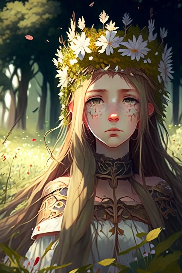 Anime, girl in medieval clothing with floral crown in large field in the middle of the forest, HD, extreme detail in the face