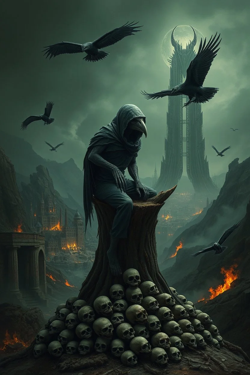 a weird bird-man crepy creature in dark hooded sitting on top of an old tree stump, pile of skulls under his feet, under in valley cities ruined with fires and ash and bones, dark deep colors, style by Vincent Lefevre, El Kazovszkij, and Bosch, black ravens with skull faces fly on the dark sky, nightmare, dark dream of the end the world, in the background a tall metallic demonc magic gate into after-life, surreal weird art, cinematic