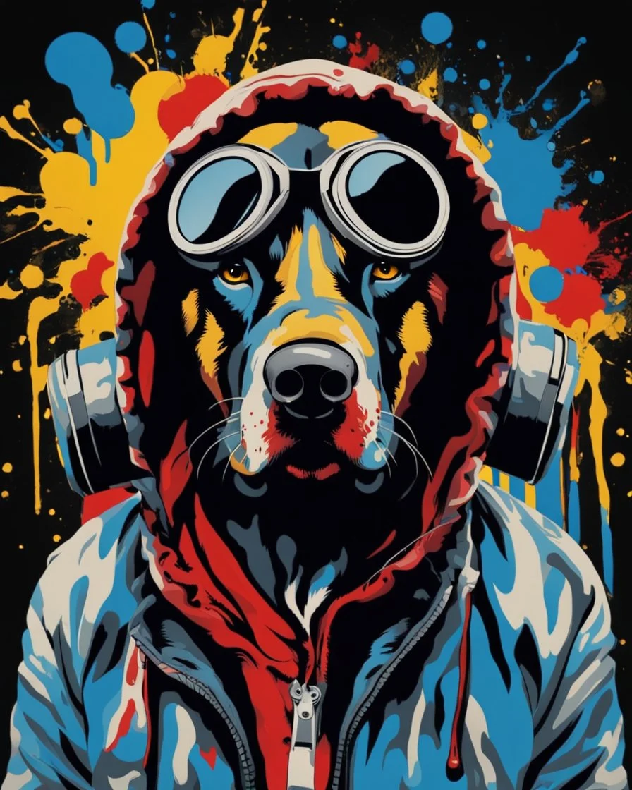 Banksy style. Vibrant and dynamic masterpiece with fluid patterns forming a killer dog wearing a hood and a gas mask, its eyes are intense. Bright colors of red, blue and a touch of yellow, creating a fascinating effect. The black background creates a strong contrast, making the colors stand out even more