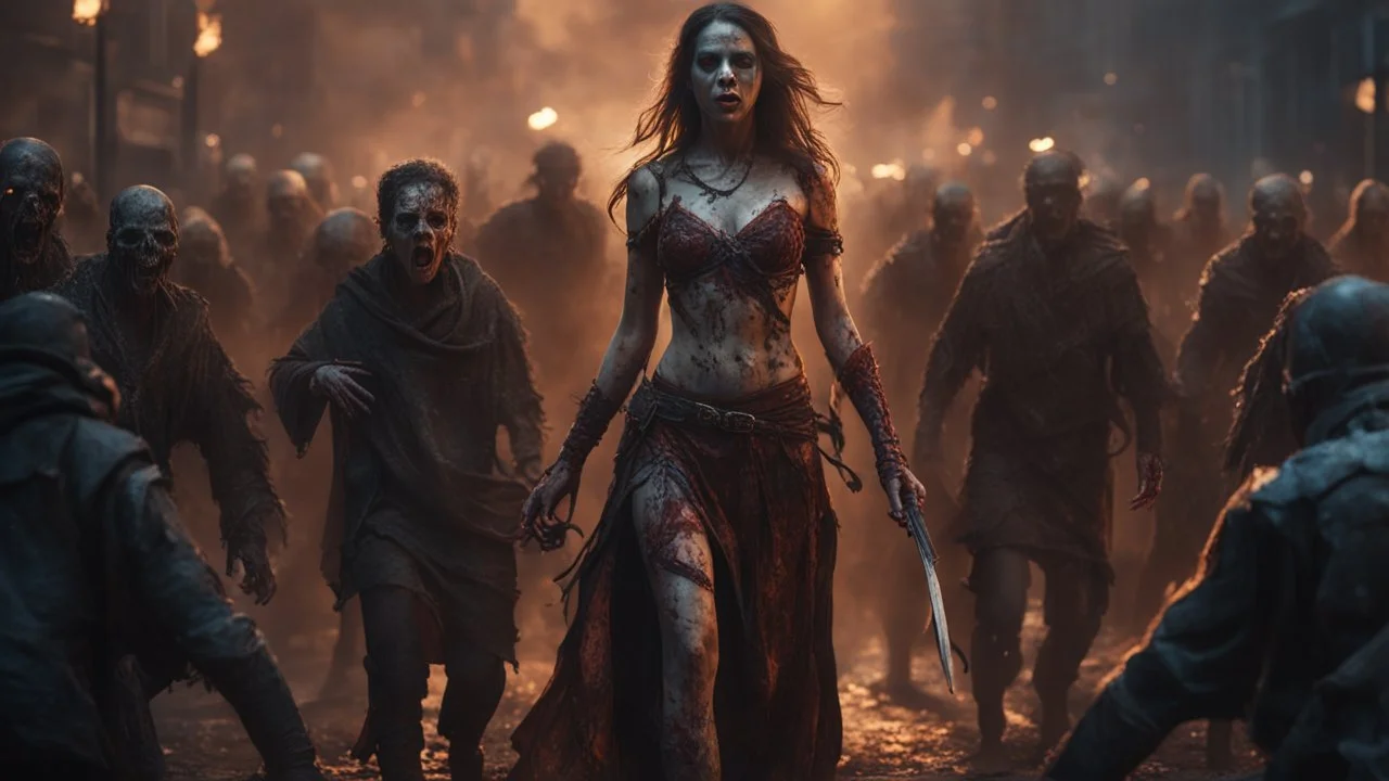 a horrifying female sorcerer leading an army of rotting zombies through burning city. fantasy setting. armor melted into the skin. blood. intense horror. blind terror. scared to death. a masterpiece, fantasy concept art, dynamic lighting, hyperdetailed, intricately detailed, deep color, Unreal Engine, volumetric lighting, Epic cinematic brilliant stunning intricate meticulously detailed dramatic atmospheric maximalist digital matte painting