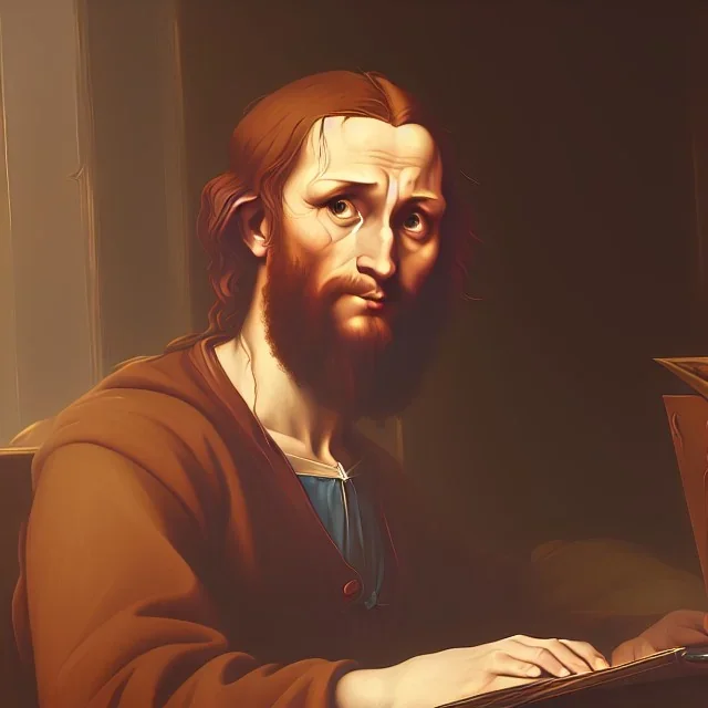 leonardo da vinci works in his study on a laptop at his desk. painting in photoshop. hyperdetailed, warm colors, movie poster, photoillustration, oil on canvas, lens flare