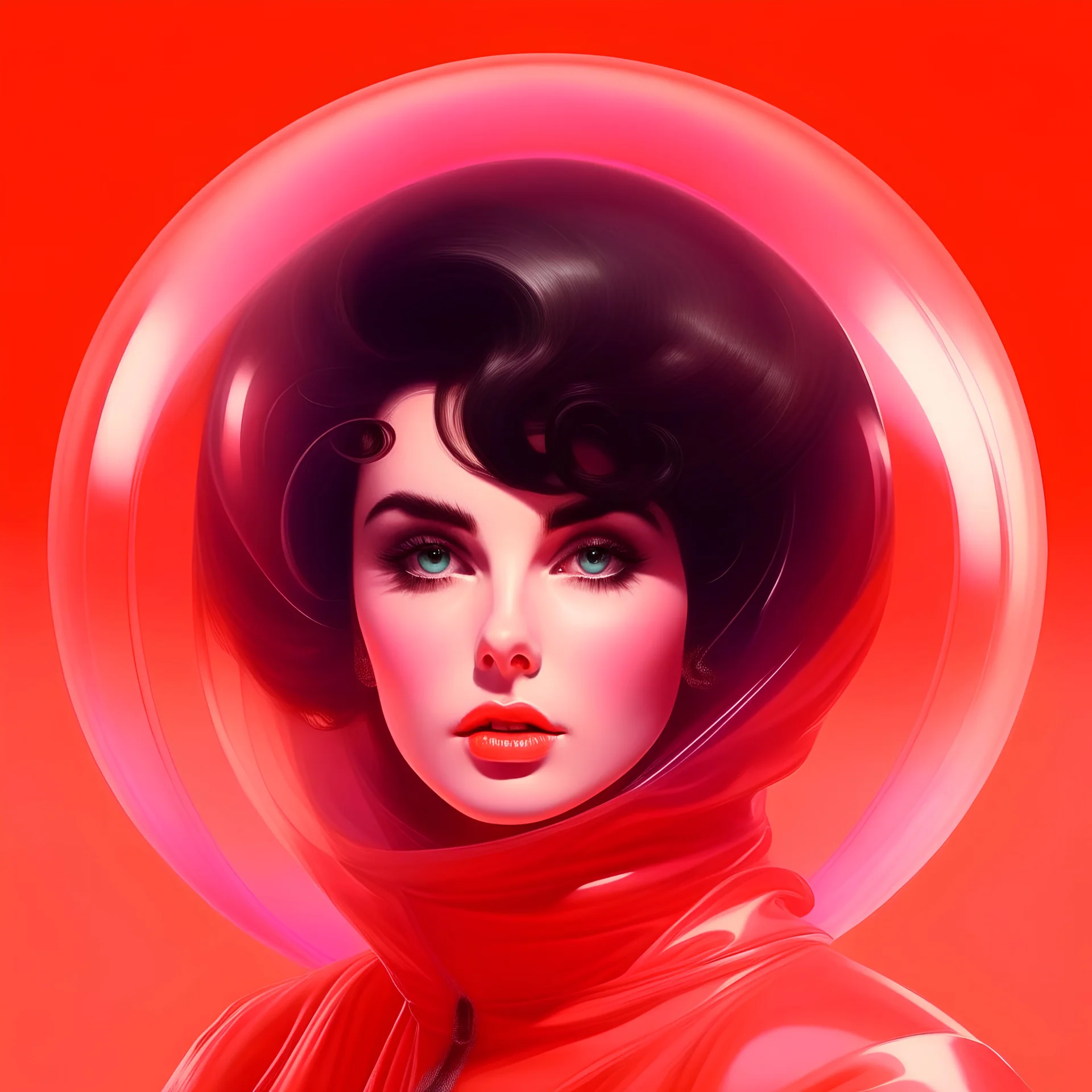 Retro futuristic, pink and orange, elizabeth taylor in a bubble