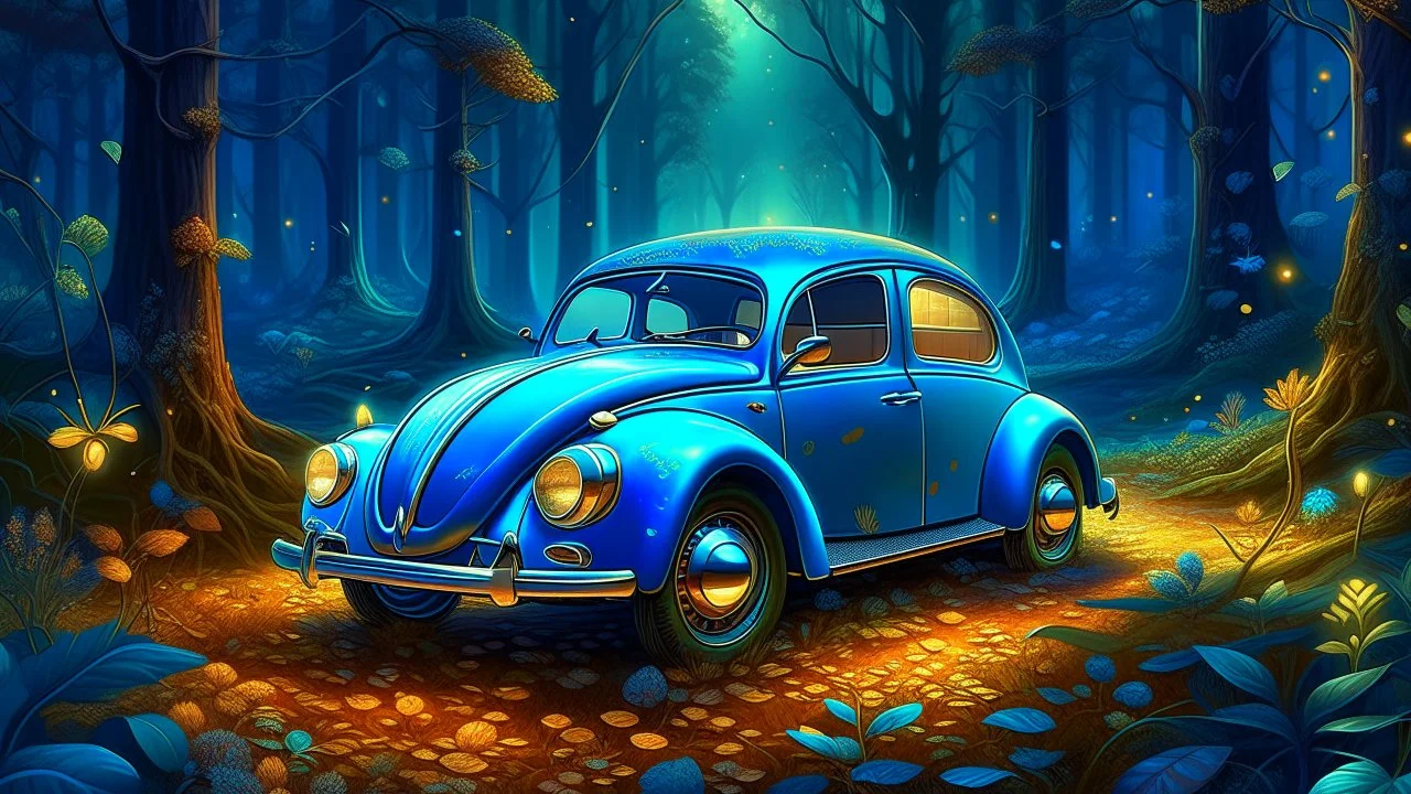 Create an image of a vintage Volkswagen Beetle parked in the heart of an enchanted forest, surrounded by towering trees with glowing mushrooms and vines wrapped around their trunks. The car is painted in a metallic blue hue with intricate, hand-painted floral patterns in shades of gold and copper. In the background, incorporate a subtle gradient of pale blue and purple hues to evoke a sense of mystique and wonder. The air should be filled with sparkling fireflies, adding to the whimsical atmosph