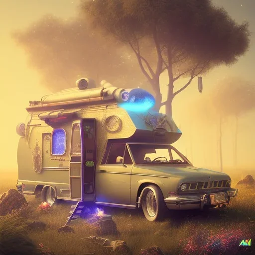 Big caravan, ultra realistic, intricate details, ultra highly detailed, shiny, smooth, studio quality, octane render, Surrealism, Triadic colour scheme,glow-stick, ambient lighting,nightclub lighting, polaroid, 100mm, --ar 1:1 --v4