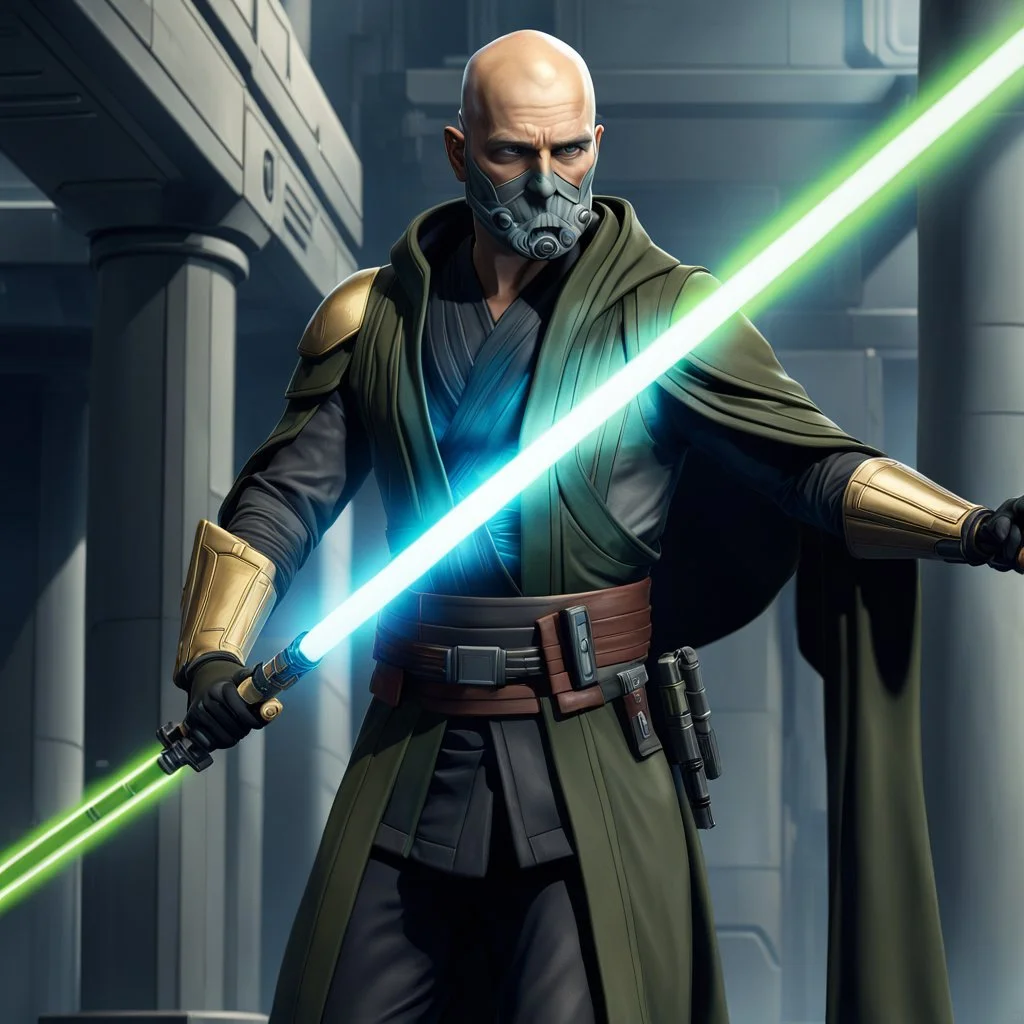 star wars bald male corellian jedi pilot wearing black and olive drab old republic armored flightsuit with gold trim inside the jedi temple holding a lightsaber with viridian green blade in left hand, centered head and shoulders portrait, hyperdetailed, dynamic lighting, hyperdetailed background, 8k resolution, volumetric lighting, light skin, fully symmetric details