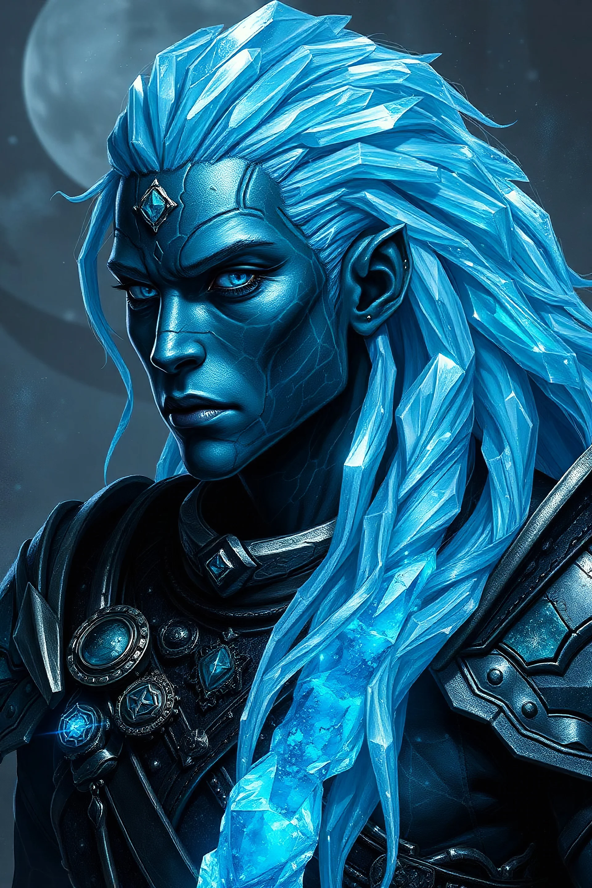 Please generate a male earth genasi warrior for D&D. he should have dark-colored crystal skin with glittering sparkles like gem dust. he should have lines marking his skin like cracks, showing glimmering gem-like veins and a faint glow. His hair should appear carved of crystal and long. he should be in her mid-20s and in warrior armor. he have blue eyes.