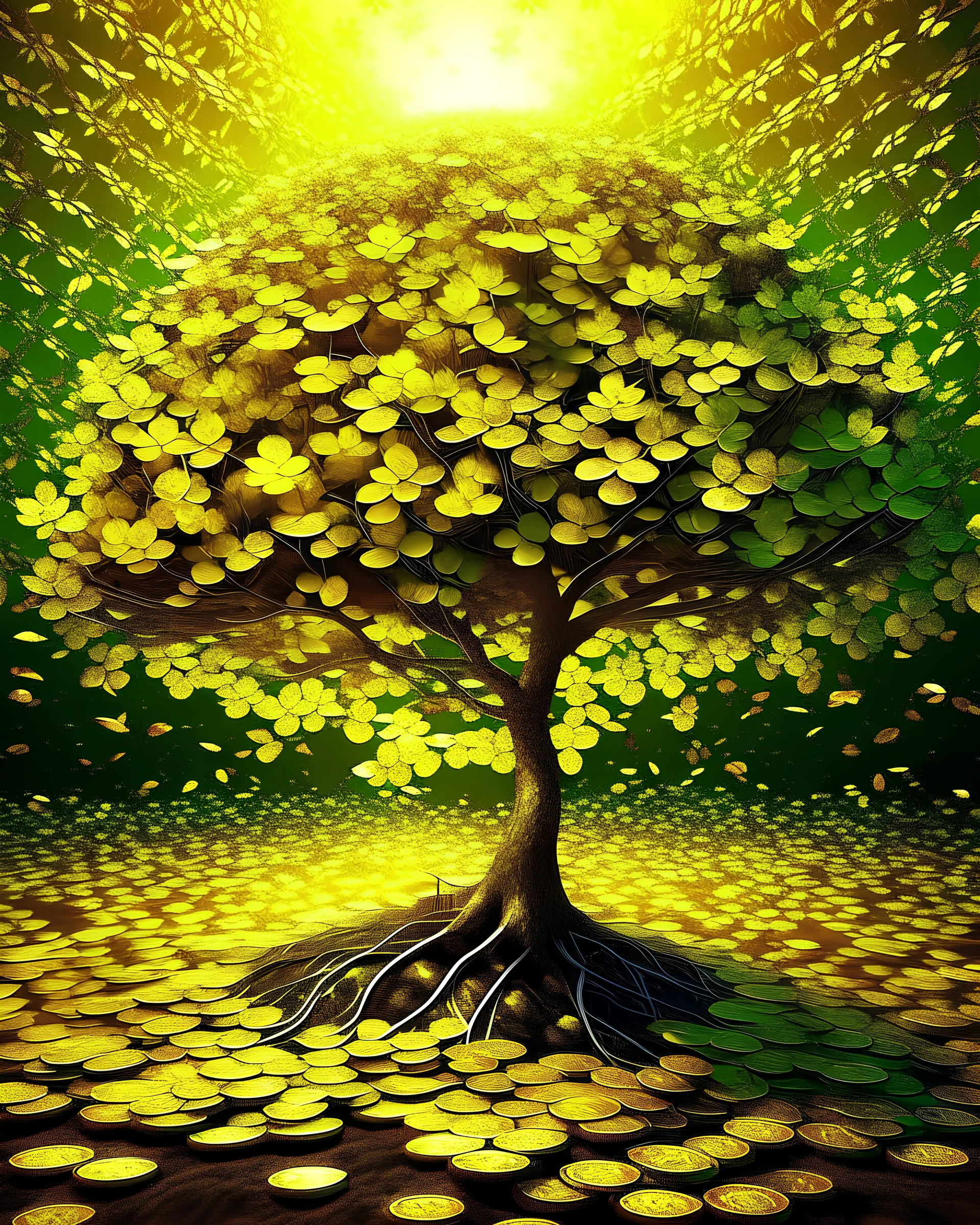 Financial Growth Blossom A lush, thriving money tree planted on fertile soil, roots reaching deep into the earth, bathed in golden, sunlight-dappled hues. Coins and bills glisten like fruits amidst the leaves. A thriving forest of similar trees in the backdrop adds to the sense of abundance. The atmosphere is vibrant, teeming with life, and radiates optimism.