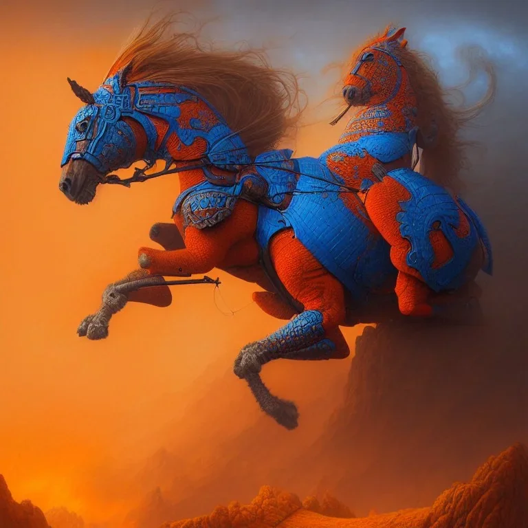 angry horse in orange and blue battle armor, a highly detailed illustration, background of Inka jungle, realistic render, 8 k, micro detail, intricate, elegant, centered, digital painting, Artstation, smooth, sharp focus, illustration, artgerm, tomasz alen kopera, peter mohrbacher, donato giancola, joseph christian leyendecker, wlop, boris vallejo