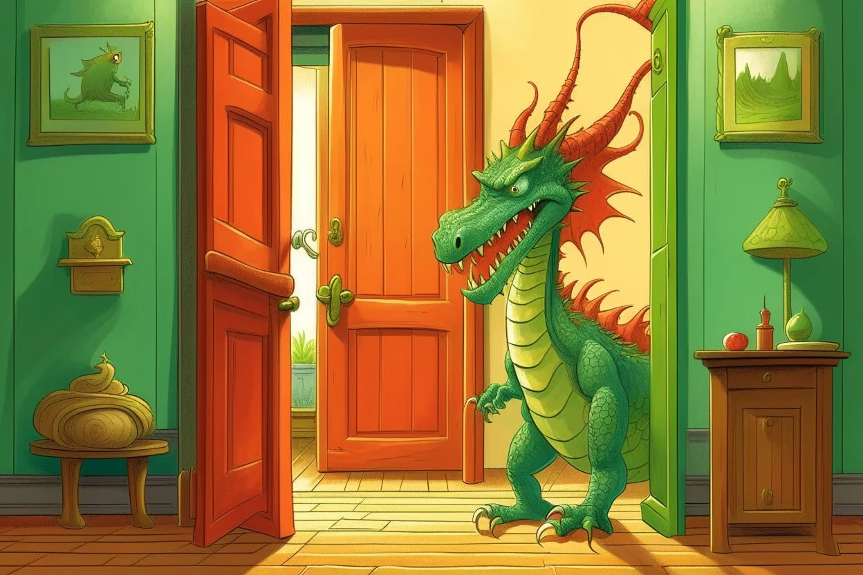 A good dragon knocks on the door of a child's room