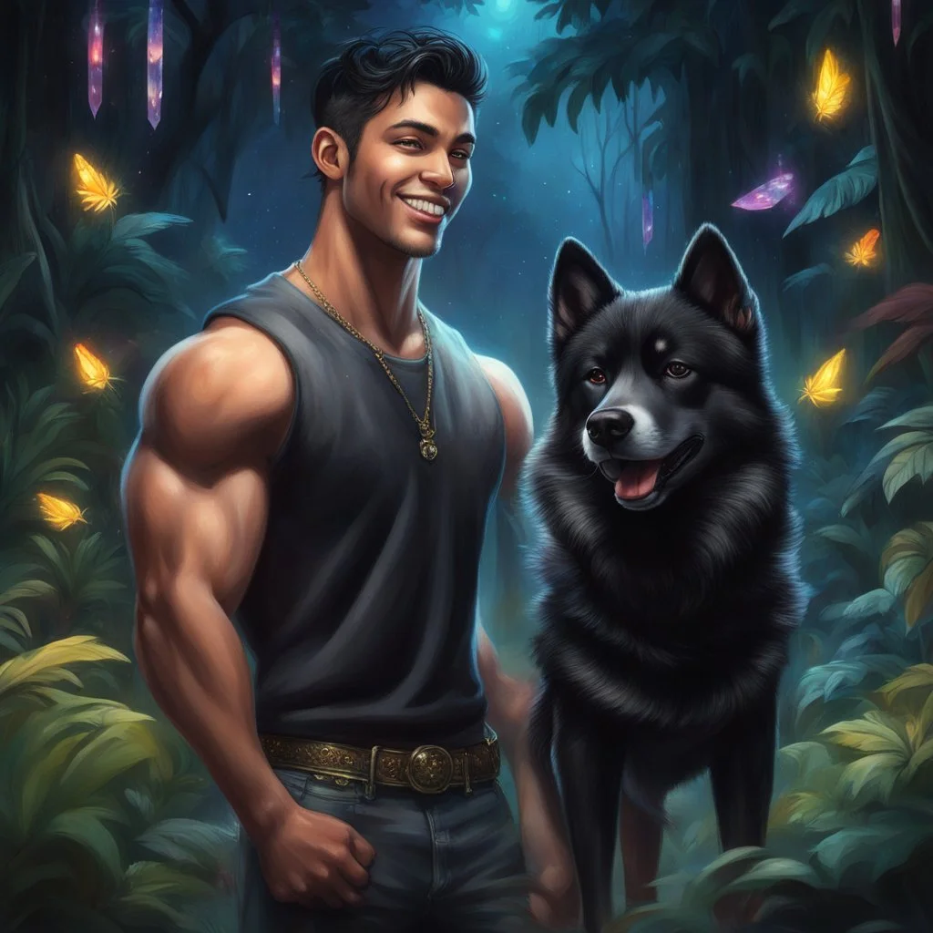 Hyper Realistic handsome muscular short black hair young king smiling & standing with his black husky in a dark mystical jungle at night with fireflies & colorful crystals