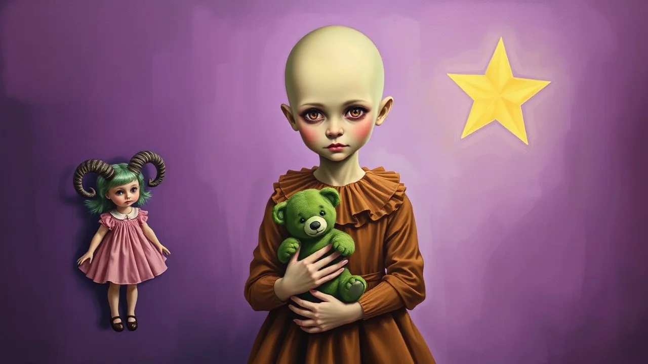 The picture is a painting of a young girl with no hair and pale complexion. She wears a brown dress with a ruffled collar and holds a small green bear in her arms. The girl stands in front of a purple background with a star-shaped light on her right. On the left side of the picture is a small doll in a pink dress with green hair and giant horns on its head. eerie, eerie, dreadful, terrifying