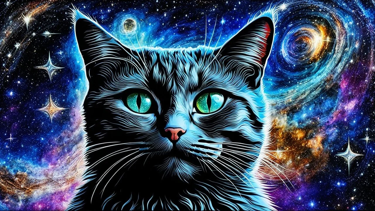 cat-alien stunning weird hybrid , in background galaxy, stars, fantasy, detailed, masterpiece intricate on encaustic deep Byzantian space ancient art , details, HDR, glitch, metallic, cold colors, sharp focus, 64 megapixels, sci-fi mood