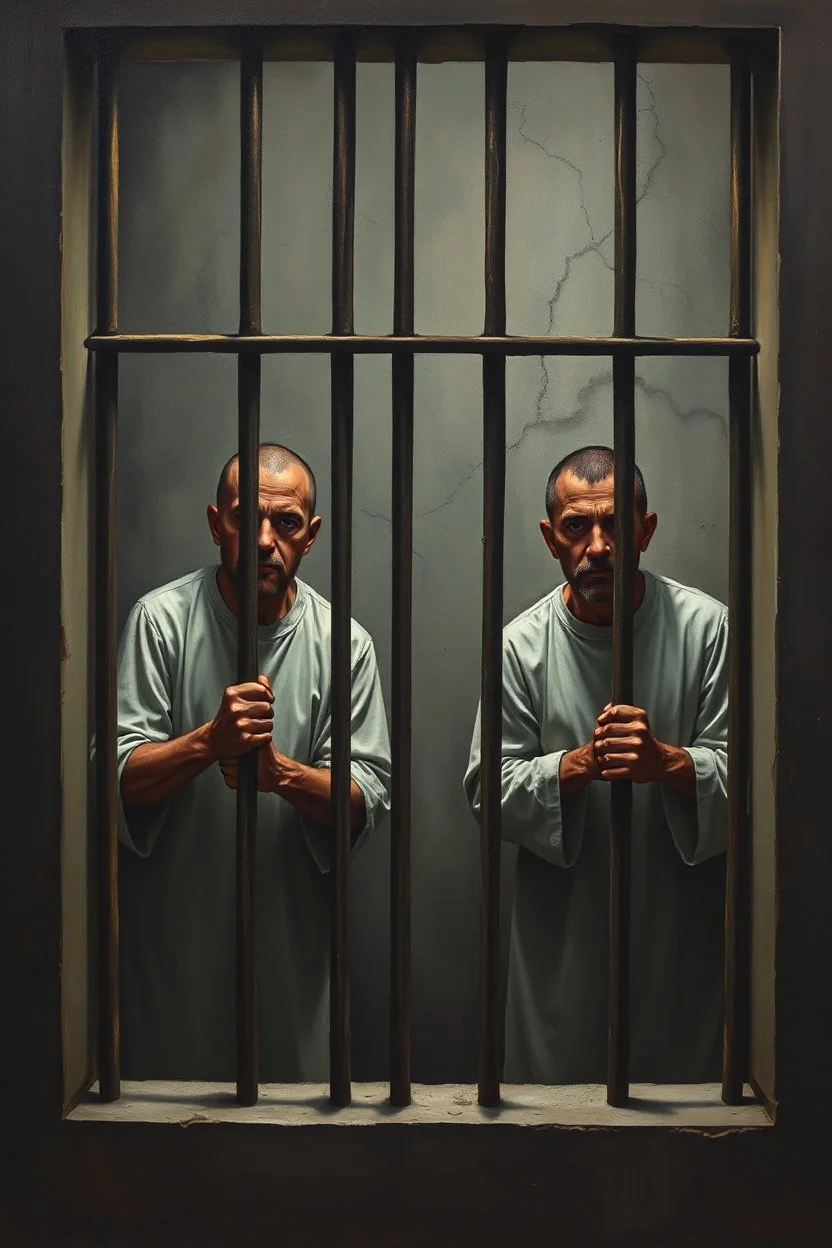 Innocent Prisoners behind bars , Bosch painting styles dark emotions with no hope
