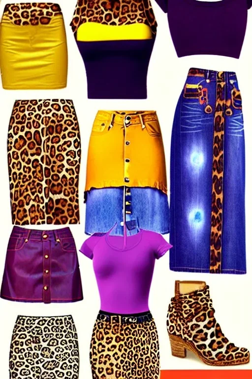 year 1996 denim fashion. Loose skirt, low waist. Colors: denim blue, blue, purple, cream, khaki, light green, lilac, plum, orange, terracotta, red, light yellow, lion yellow, pink, dark blue, beige. leopard, Cheetah . Kylie Minogue, Tyra Banks,